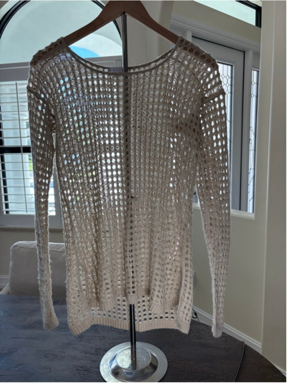 Venus Beige Open Knit Crew Neck Sweater S, made in USA